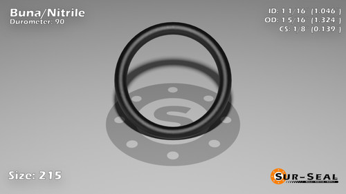 O-Ring, Black BUNA/NBR Nitrile Size: 215, Durometer: 90 Nominal Dimensions: Inner Diameter: 1 4/87(1.046) Inches (2.65684Cm), Outer Diameter: 1 23/71(1.324) Inches (3.36296Cm), Cross Section: 5/36(0.139) Inches (3.53mm) Part Number: OR90BLKBUN215