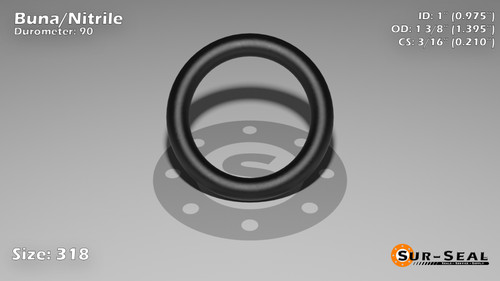 O-Ring, Black BUNA/NBR Nitrile Size: 318, Durometer: 90 Nominal Dimensions: Inner Diameter: 39/40(0.975) Inches (2.4765Cm), Outer Diameter: 1 32/81(1.395) Inches (3.5433Cm), Cross Section: 17/81(0.21) Inches (5.33mm) Part Number: OR90BLKBUN318