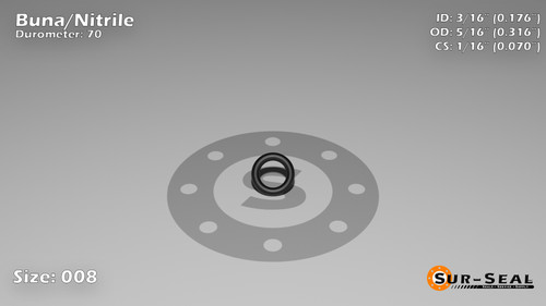 O-Ring, Black BUNA/NBR Nitrile Size: 008, Durometer: 70 Nominal Dimensions: Inner Diameter: 3/17(0.176) Inches (4.47mm), Outer Diameter: 6/19(0.316) Inches (0.316mm), Cross Section: 4/57(0.07) Inches (1.78mm) Part Number: ORBN008