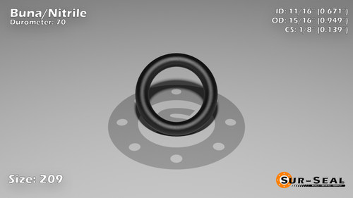 O-Ring, Black BUNA/NBR Nitrile Size: 209, Durometer: 70 Nominal Dimensions: Inner Diameter: 51/76(0.671) Inches (1.70434Cm), Outer Diameter: 93/98(0.949) Inches (2.41046Cm), Cross Section: 5/36(0.139) Inches (3.53mm) Part Number: ORBN209