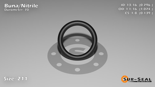 O-Ring, Black BUNA/NBR Nitrile Size: 211, Durometer: 70 Nominal Dimensions: Inner Diameter: 39/49(0.796) Inches (2.02184Cm), Outer Diameter: 1 2/27(1.074) Inches (2.72796Cm), Cross Section: 5/36(0.139) Inches (3.53mm) Part Number: ORBN211