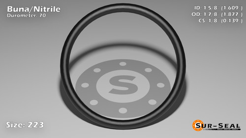 O-Ring, Black BUNA/NBR Nitrile Size: 223, Durometer: 70 Nominal Dimensions: Inner Diameter: 1 14/23(1.609) Inches (4.08686Cm), Outer Diameter: 1 55/62(1.887) Inches (4.79298Cm), Cross Section: 5/36(0.139) Inches (3.53mm) Part Number: ORBN223