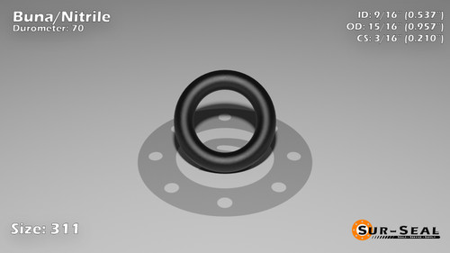 O-Ring, Black BUNA/NBR Nitrile Size: 311, Durometer: 70 Nominal Dimensions: Inner Diameter: 29/54(0.537) Inches (1.36398Cm), Outer Diameter: 89/93(0.957) Inches (2.43078Cm), Cross Section: 17/81(0.21) Inches (5.33mm) Part Number: ORBN311