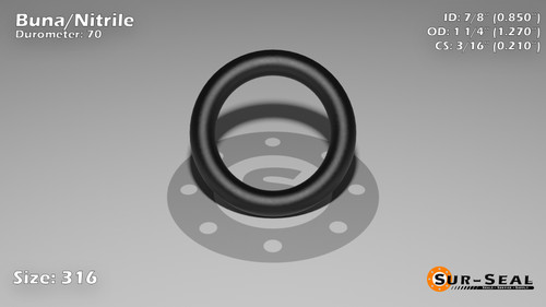 O-Ring, Black BUNA/NBR Nitrile Size: 316, Durometer: 70 Nominal Dimensions: Inner Diameter: 17/20(0.85) Inches (2.159Cm), Outer Diameter: 1 10/37(1.27) Inches (3.2258Cm), Cross Section: 17/81(0.21) Inches (5.33mm) Part Number: ORBN316