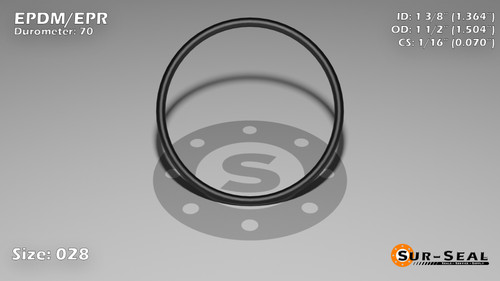 O-Ring, Black EPDM/EPR/Ethylene/Propylene Size: 028, Durometer: 70 Nominal Dimensions: Inner Diameter: 1 4/11(1.364) Inches (3.46456Cm), Outer Diameter: 1 1/2(1.504) Inches (3.82016Cm), Cross Section: 4/57(0.07) Inches (1.78mm) Part Number: OREPD028