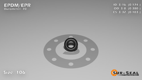 O-Ring, Black EPDM/EPR/Ethylene/Propylene Size: 106, Durometer: 70 Nominal Dimensions: Inner Diameter: 4/23(0.174) Inches (4.42mm), Outer Diameter: 19/50(0.38) Inches (0.38mm), Cross Section: 7/68(0.103) Inches (2.62mm) Part Number: OREPD106