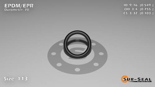 O-Ring, Black EPDM/EPR/Ethylene/Propylene Size: 113, Durometer: 70 Nominal Dimensions: Inner Diameter: 28/51(0.549) Inches (1.39446Cm), Outer Diameter: 37/49(0.755) Inches (1.9177Cm), Cross Section: 7/68(0.103) Inches (2.62mm) Part Number: OREPD113