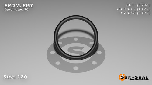 O-Ring, Black EPDM/EPR/Ethylene/Propylene Size: 120, Durometer: 70 Nominal Dimensions: Inner Diameter: 76/77(0.987) Inches (2.50698Cm), Outer Diameter: 1 11/57(1.193) Inches (3.03022Cm), Cross Section: 7/68(0.103) Inches (2.62mm) Part Number: OREPD120