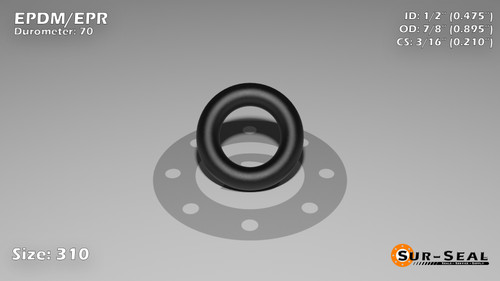 O-Ring, Black EPDM/EPR/Ethylene/Propylene Size: 310, Durometer: 70 Nominal Dimensions: Inner Diameter: 19/40(0.475) Inches (1.2065Cm), Outer Diameter: 17/19(0.895) Inches (2.2733Cm), Cross Section: 17/81(0.21) Inches (5.33mm) Part Number: OREPD310