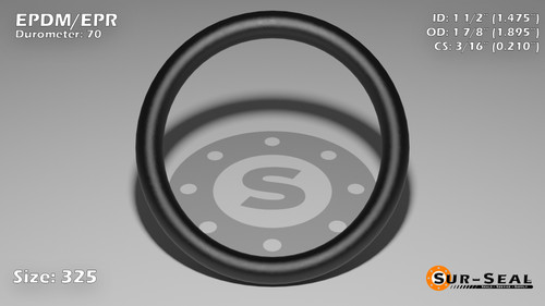 O-Ring, Black EPDM/EPR/Ethylene/Propylene Size: 325, Durometer: 70 Nominal Dimensions: Inner Diameter: 1 19/40(1.475) Inches (3.7465Cm), Outer Diameter: 1 17/19(1.895) Inches (4.8133Cm), Cross Section: 17/81(0.21) Inches (5.33mm) Part Number: OREPD325