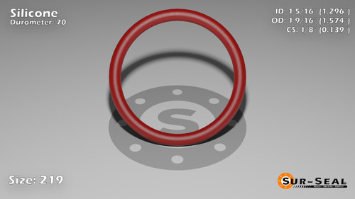 O-Ring, Orange Vinyl Methyl Silicone Size: 219, Durometer: 70 Nominal Dimensions: Inner Diameter: 1 8/27(1.296) Inches (3.29184Cm), Outer Diameter: 1 31/54(1.574) Inches (3.99796Cm), Cross Section: 5/36(0.139) Inches (3.53mm) Part Number: ORSIL219