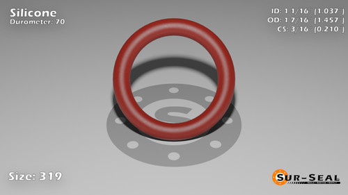 O-Ring, Orange Vinyl Methyl Silicone Size: 319, Durometer: 70 Nominal Dimensions: Inner Diameter: 1 1/27(1.037) Inches (2.63398Cm), Outer Diameter: 1 16/35(1.457) Inches (3.70078Cm), Cross Section: 17/81(0.21) Inches (5.33mm) Part Number: ORSIL319