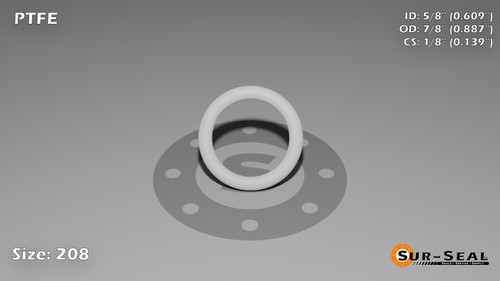 O-Ring, White PTFE/PTFE/TFE Size: 208, Durometer: 75 Nominal Dimensions: Inner Diameter: 14/23(0.609) Inches (1.54686Cm), Outer Diameter: 55/62(0.887) Inches (2.25298Cm), Cross Section: 5/36(0.139) Inches (3.53mm) Part Number: ORTFE208