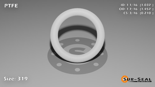 O-Ring, White PTFE/PTFE/TFE Size: 319, Durometer: 75 Nominal Dimensions: Inner Diameter: 1 1/27(1.037) Inches (2.63398Cm), Outer Diameter: 1 16/35(1.457) Inches (3.70078Cm), Cross Section: 17/81(0.21) Inches (5.33mm) Part Number: ORTFE319