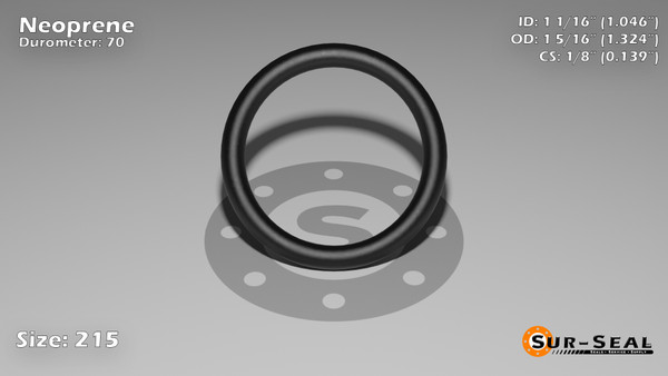 O-Ring, Black Neoprene Size: 215, Durometer: 70 Nominal Dimensions: Inner Diameter: 1 4/87(1.046) Inches (2.65684Cm), Outer Diameter: 1 23/71(1.324) Inches (3.36296Cm), Cross Section: 5/36(0.139) Inches (3.53mm) Part Number: OR70BLKNEO215