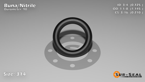 O-Ring, Black BUNA/NBR Nitrile Size: 314, Durometer: 90 Nominal Dimensions: Inner Diameter: 29/40(0.725) Inches (1.8415Cm), Outer Diameter: 1 10/69(1.145) Inches (2.9083Cm), Cross Section: 17/81(0.21) Inches (5.33mm) Part Number: OR90BLKBUN314