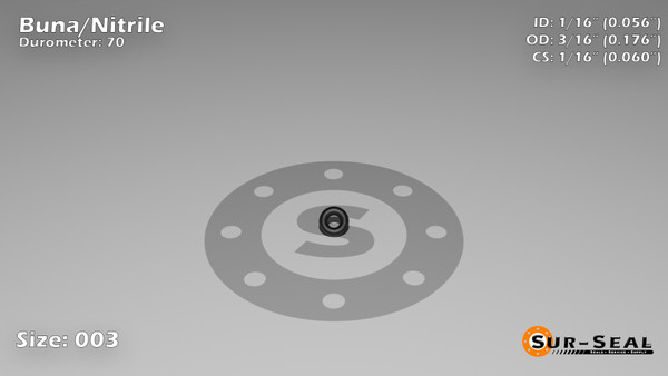 O-Ring, Black BUNA/NBR Nitrile Size: 003, Durometer: 70 Nominal Dimensions: Inner Diameter: 1/18(0.056) Inches (1.42mm), Outer Diameter: 3/17(0.176) Inches (0.176mm), Cross Section: 3/50(0.06) Inches (1.52mm) Part Number: ORBN003