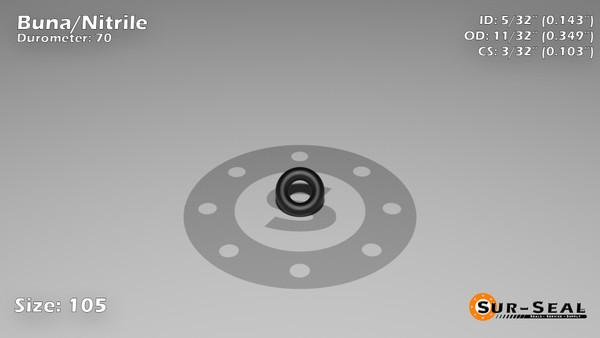 O-Ring, Black BUNA/NBR Nitrile Size: 105, Durometer: 70 Nominal Dimensions: Inner Diameter: 1/7(0.143) Inches (3.63mm), Outer Diameter: 15/43(0.349) Inches (0.349mm), Cross Section: 7/68(0.103) Inches (2.62mm) Part Number: ORBN105