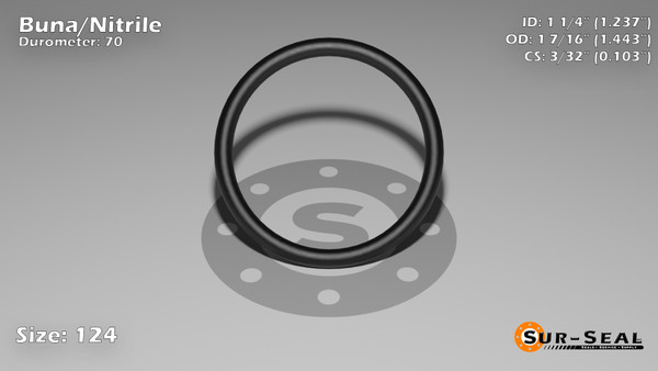 O-Ring, Black BUNA/NBR Nitrile Size: 124, Durometer: 70 Nominal Dimensions: Inner Diameter: 1 9/38(1.237) Inches (3.14198Cm), Outer Diameter: 1 35/79(1.443) Inches (3.66522Cm), Cross Section: 7/68(0.103) Inches (2.62mm) Part Number: ORBN124