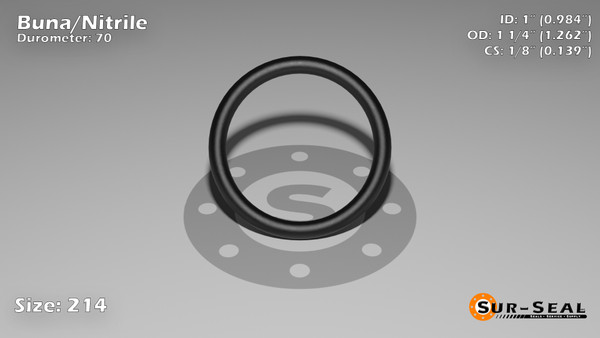 O-Ring, Black BUNA/NBR Nitrile Size: 214, Durometer: 70 Nominal Dimensions: Inner Diameter: 61/62(0.984) Inches (2.49936Cm), Outer Diameter: 1 11/42(1.262) Inches (3.20548Cm), Cross Section: 5/36(0.139) Inches (3.53mm) Part Number: ORBN214