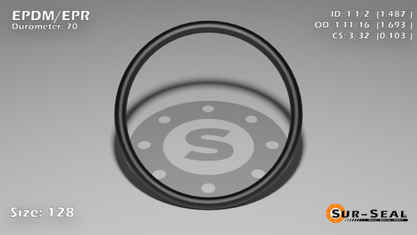 O-Ring, Black EPDM/EPR/Ethylene/Propylene Size: 128, Durometer: 70 Nominal Dimensions: Inner Diameter: 1 19/39(1.487) Inches (3.77698Cm), Outer Diameter: 1 9/13(1.693) Inches (4.30022Cm), Cross Section: 7/68(0.103) Inches (2.62mm) Part Number: OREPD128