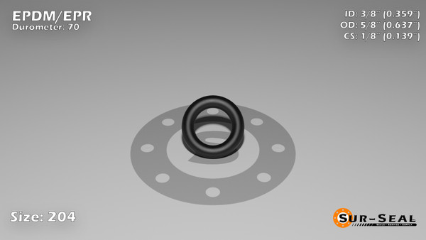 O-Ring, Black EPDM/EPR/Ethylene/Propylene Size: 204, Durometer: 70 Nominal Dimensions: Inner Diameter: 14/39(0.359) Inches (9.12mm), Outer Diameter: 7/11(0.637) Inches (1.61798Cm), Cross Section: 5/36(0.139) Inches (3.53mm) Part Number: OREPD204