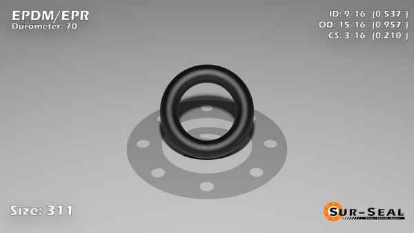 O-Ring, Black EPDM/EPR/Ethylene/Propylene Size: 311, Durometer: 70 Nominal Dimensions: Inner Diameter: 29/54(0.537) Inches (1.36398Cm), Outer Diameter: 89/93(0.957) Inches (2.43078Cm), Cross Section: 17/81(0.21) Inches (5.33mm) Part Number: OREPD311