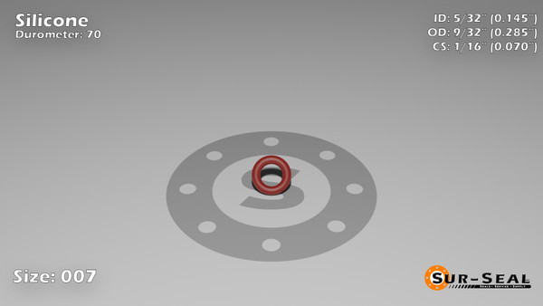 O-Ring, Orange Vinyl Methyl Silicone Size: 007, Durometer: 70 Nominal Dimensions: Inner Diameter: 10/69(0.145) Inches (3.68mm), Outer Diameter: 2/7(0.285) Inches (0.285mm), Cross Section: 4/57(0.07) Inches (1.78mm) Part Number: ORSIL007