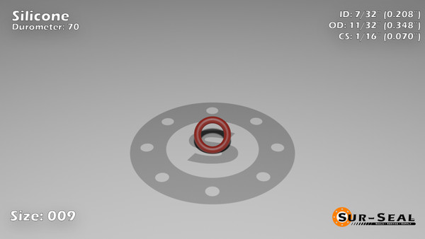 O-Ring, Orange Vinyl Methyl Silicone Size: 009, Durometer: 70 Nominal Dimensions: Inner Diameter: 5/24(0.208) Inches (5.28mm), Outer Diameter: 8/23(0.348) Inches (0.348mm), Cross Section: 4/57(0.07) Inches (1.78mm) Part Number: ORSIL009