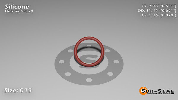 O-Ring, Orange Vinyl Methyl Silicone Size: 015, Durometer: 70 Nominal Dimensions: Inner Diameter: 27/49(0.551) Inches (1.39954Cm), Outer Diameter: 38/55(0.691) Inches (1.75514Cm), Cross Section: 4/57(0.07) Inches (1.78mm) Part Number: ORSIL015