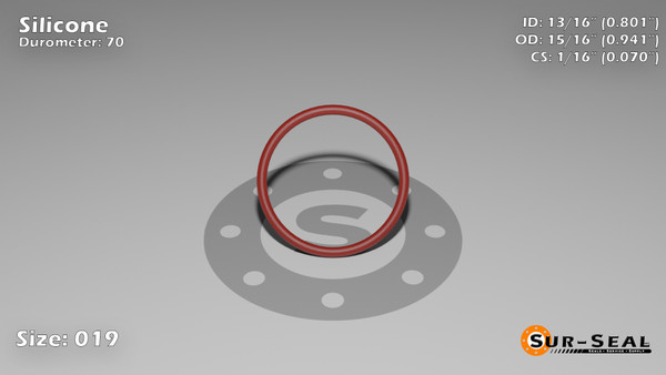 O-Ring, Orange Vinyl Methyl Silicone Size: 019, Durometer: 70 Nominal Dimensions: Inner Diameter: 4/5(0.801) Inches (2.03454Cm), Outer Diameter: 16/17(0.941) Inches (2.39014Cm), Cross Section: 4/57(0.07) Inches (1.78mm) Part Number: ORSIL019