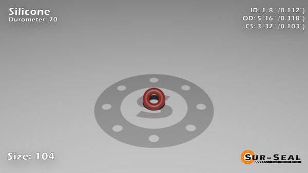 O-Ring, Orange Vinyl Methyl Silicone Size: 104, Durometer: 70 Nominal Dimensions: Inner Diameter: 1/9(0.112) Inches (2.84mm), Outer Diameter: 7/22(0.318) Inches (0.318mm), Cross Section: 7/68(0.103) Inches (2.62mm) Part Number: ORSIL104