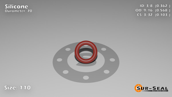 O-Ring, Orange Vinyl Methyl Silicone Size: 110, Durometer: 70 Nominal Dimensions: Inner Diameter: 21/58(0.362) Inches (9.19mm), Outer Diameter: 46/81(0.568) Inches (1.44272Cm), Cross Section: 7/68(0.103) Inches (2.62mm) Part Number: ORSIL110