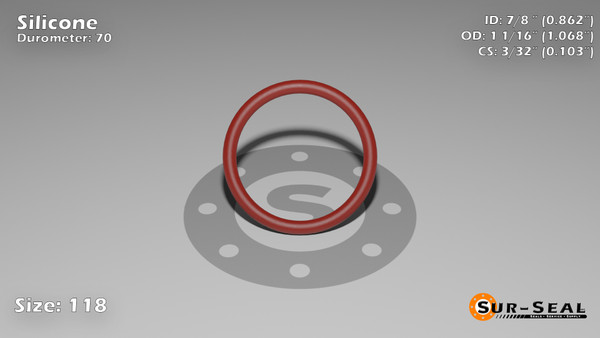 O-Ring, Orange Vinyl Methyl Silicone Size: 118, Durometer: 70 Nominal Dimensions: Inner Diameter: 25/29(0.862) Inches (2.18948Cm), Outer Diameter: 1 3/44(1.068) Inches (2.71272Cm), Cross Section: 7/68(0.103) Inches (2.62mm) Part Number: ORSIL118