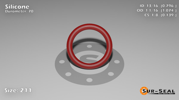 O-Ring, Orange Vinyl Methyl Silicone Size: 211, Durometer: 70 Nominal Dimensions: Inner Diameter: 39/49(0.796) Inches (2.02184Cm), Outer Diameter: 1 2/27(1.074) Inches (2.72796Cm), Cross Section: 5/36(0.139) Inches (3.53mm) Part Number: ORSIL211