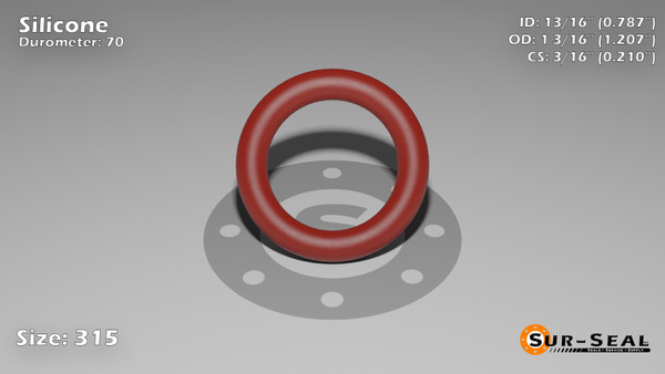 O-Ring, Orange Vinyl Methyl Silicone Size: 315, Durometer: 70 Nominal Dimensions: Inner Diameter: 48/61(0.787) Inches (1.99898Cm), Outer Diameter: 1 6/29(1.207) Inches (3.06578Cm), Cross Section: 17/81(0.21) Inches (5.33mm) Part Number: ORSIL315