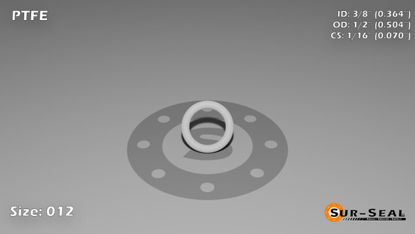 O-Ring, White PTFE/PTFE/TFE Size: 012, Durometer: 75 Nominal Dimensions: Inner Diameter: 4/11(0.364) Inches (9.25mm), Outer Diameter: 1/2(0.504) Inches (1.28016Cm), Cross Section: 4/57(0.07) Inches (1.78mm) Part Number: ORTFE012