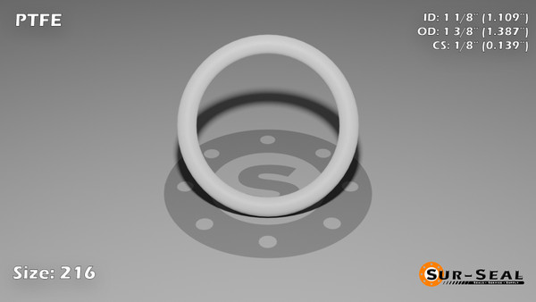 O-Ring, White PTFE/PTFE/TFE Size: 216, Durometer: 75 Nominal Dimensions: Inner Diameter: 1 6/55(1.109) Inches (2.81686Cm), Outer Diameter: 1 12/31(1.387) Inches (3.52298Cm), Cross Section: 5/36(0.139) Inches (3.53mm) Part Number: ORTFE216