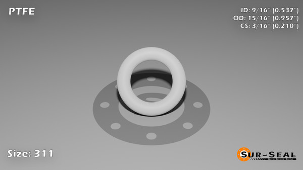 O-Ring, White PTFE/PTFE/TFE Size: 311, Durometer: 75 Nominal Dimensions: Inner Diameter: 29/54(0.537) Inches (1.36398Cm), Outer Diameter: 89/93(0.957) Inches (2.43078Cm), Cross Section: 17/81(0.21) Inches (5.33mm) Part Number: ORTFE311