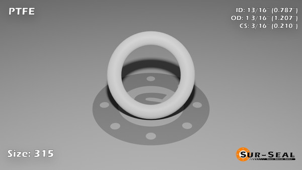 O-Ring, White PTFE/PTFE/TFE Size: 315, Durometer: 75 Nominal Dimensions: Inner Diameter: 48/61(0.787) Inches (1.99898Cm), Outer Diameter: 1 6/29(1.207) Inches (3.06578Cm), Cross Section: 17/81(0.21) Inches (5.33mm) Part Number: ORTFE315