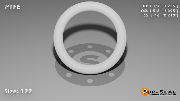 O-Ring, White PTFE/PTFE/TFE Size: 322, Durometer: 75 Nominal Dimensions: Inner Diameter: 1 9/40(1.225) Inches (3.1115Cm), Outer Diameter: 1 20/31(1.645) Inches (4.1783Cm), Cross Section: 17/81(0.21) Inches (5.33mm) Part Number: ORTFE322