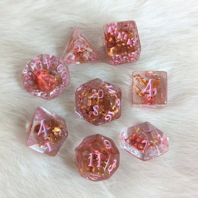 Poly Pink Flowers & Copper 8pc Dice Set
