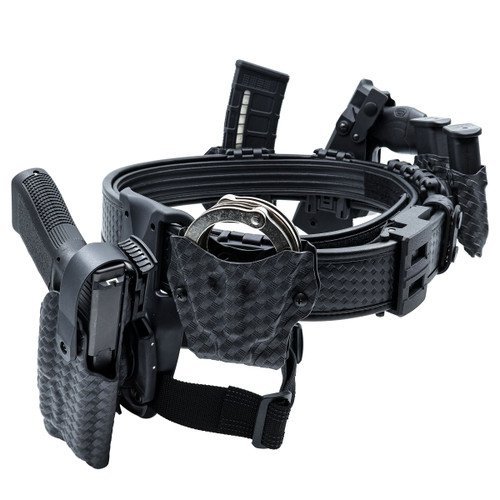 Complete police duty belt package with holster, magazine carriers, taser holster, and handcuff carriers on KORE basketweave belt for LEO/Law Enforcement