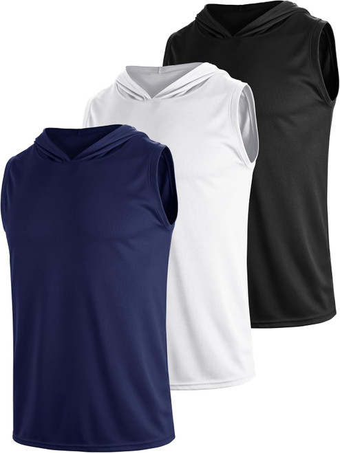 3 Pack Men's less Workout Hoodies Dry Fit Quick Dry T Shirts with Hoods Running Gym Muscle Hooded Tank Top