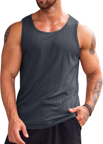  Men's Ribbed Tank Tops 2 Pack Knit less Workout T Shirt Muscle Gym Fitness Tee