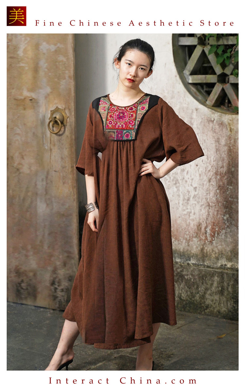 Handmade Tribal Boho Maxi Dress with Pockets for Women Made from Premium  Cotton and Linen in Brown Bedecked with Antique Embroidery One Piece Only  114