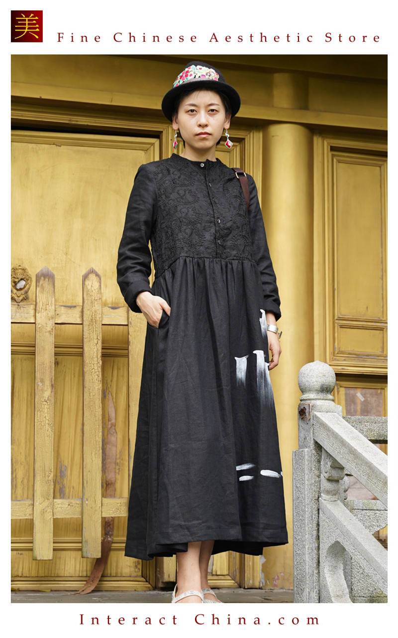 One Piece Only Casual Chic Flowy Maxi Dress for Women with Buttons  Beautifully Hand Painted made from Cotton Linen Blend in Black 104