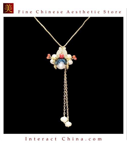 Warrior Muse Peking Opera Necklace Handwoven with Freshwater Pearls #102