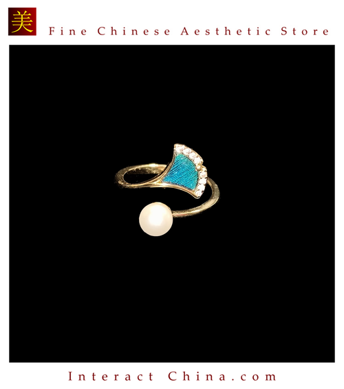 Handmade Dian Cui Style Ginkgo Adjustable Ring with Peacock Feather Inlay #101