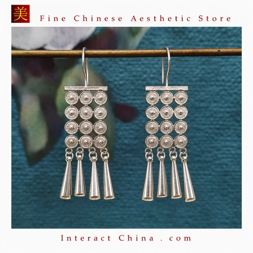 100% Handcrafted Miao Hmong Pure Silver Earrings 999 Filigree Dangle Long Drop Tassel Flower Design Bohemian Vintage Ethnic Style - Fair Trade #113